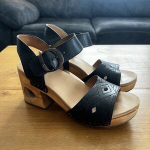 Dansko Odele Black Leather Wooden Platform Sandals Handcrafted Clog Heels EU 40